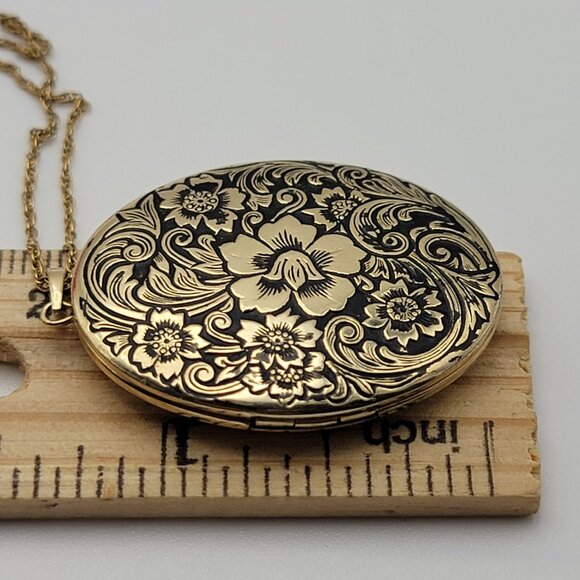 Vtg. 14K Yellow Gold Filled Floral Embossed Photo Locket Pendant Necklace 19.5" - Picture 9 of 9